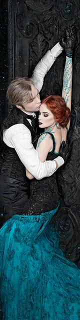 Free dark romance bookmark featuring a couple dancing in a turquoise dress